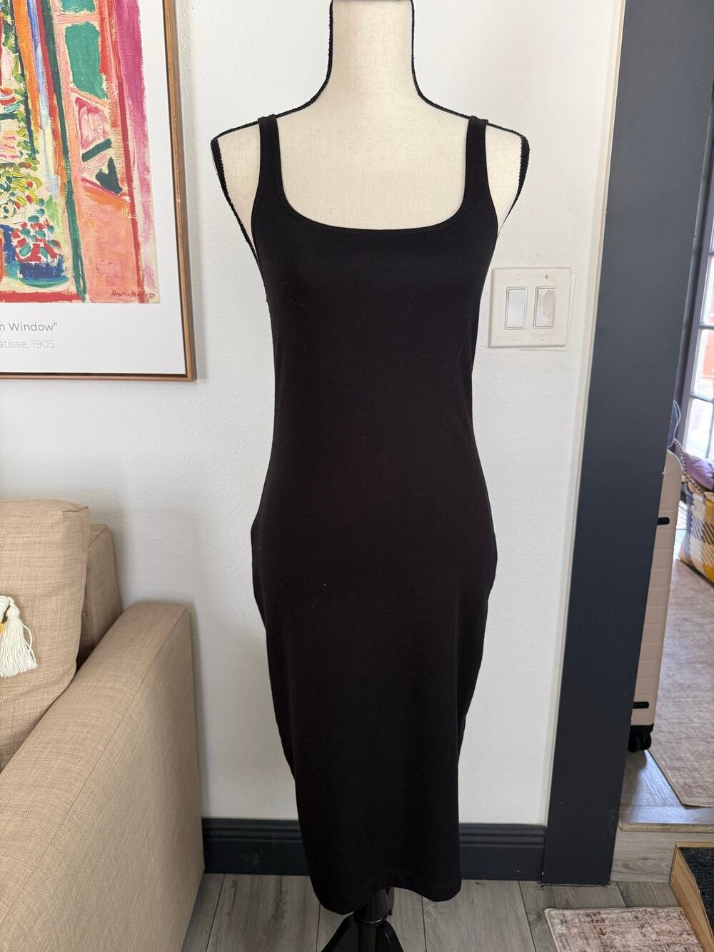 Zara Black Midi Tank Dress Women L Square Neck Bodycon Side Slit Stretch